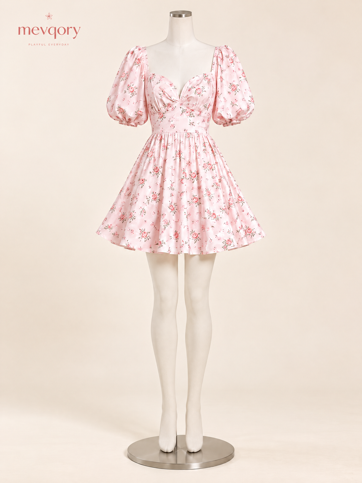 Petal Sway Rose-Floral Puff-Sleeve Mini Dress
