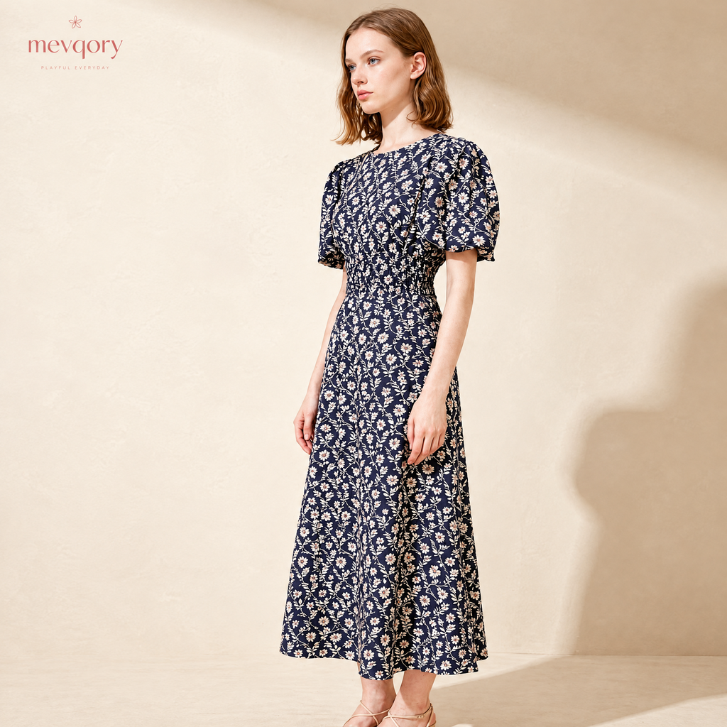 Midnight Bloom Floral Smocked Midi Dress