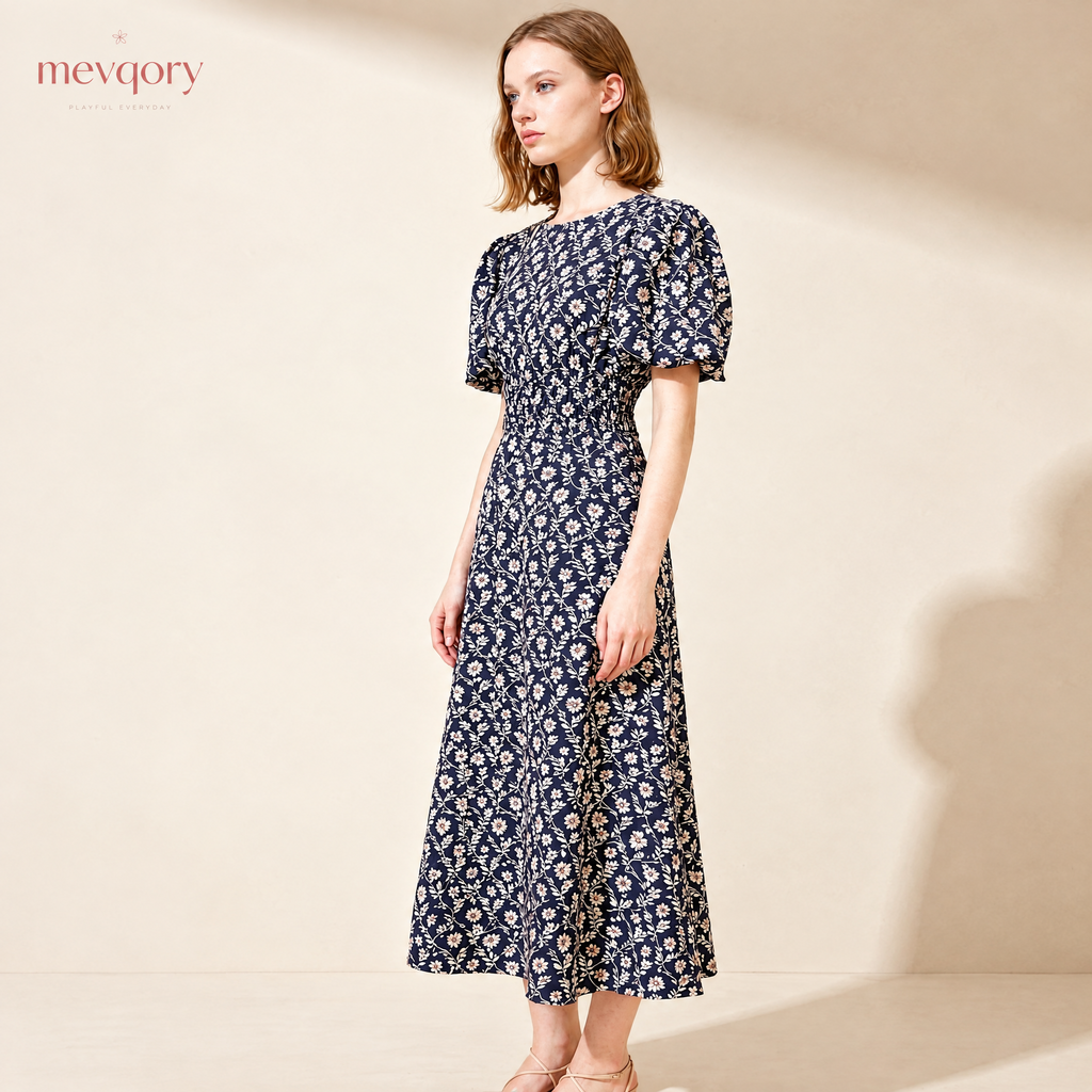 Midnight Bloom Floral Smocked Midi Dress