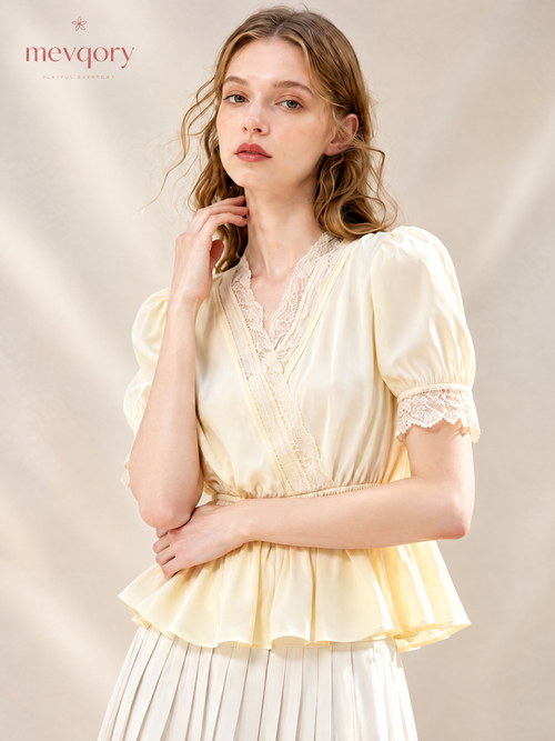 Buttercream Lace-Trim Peplum Blouse
