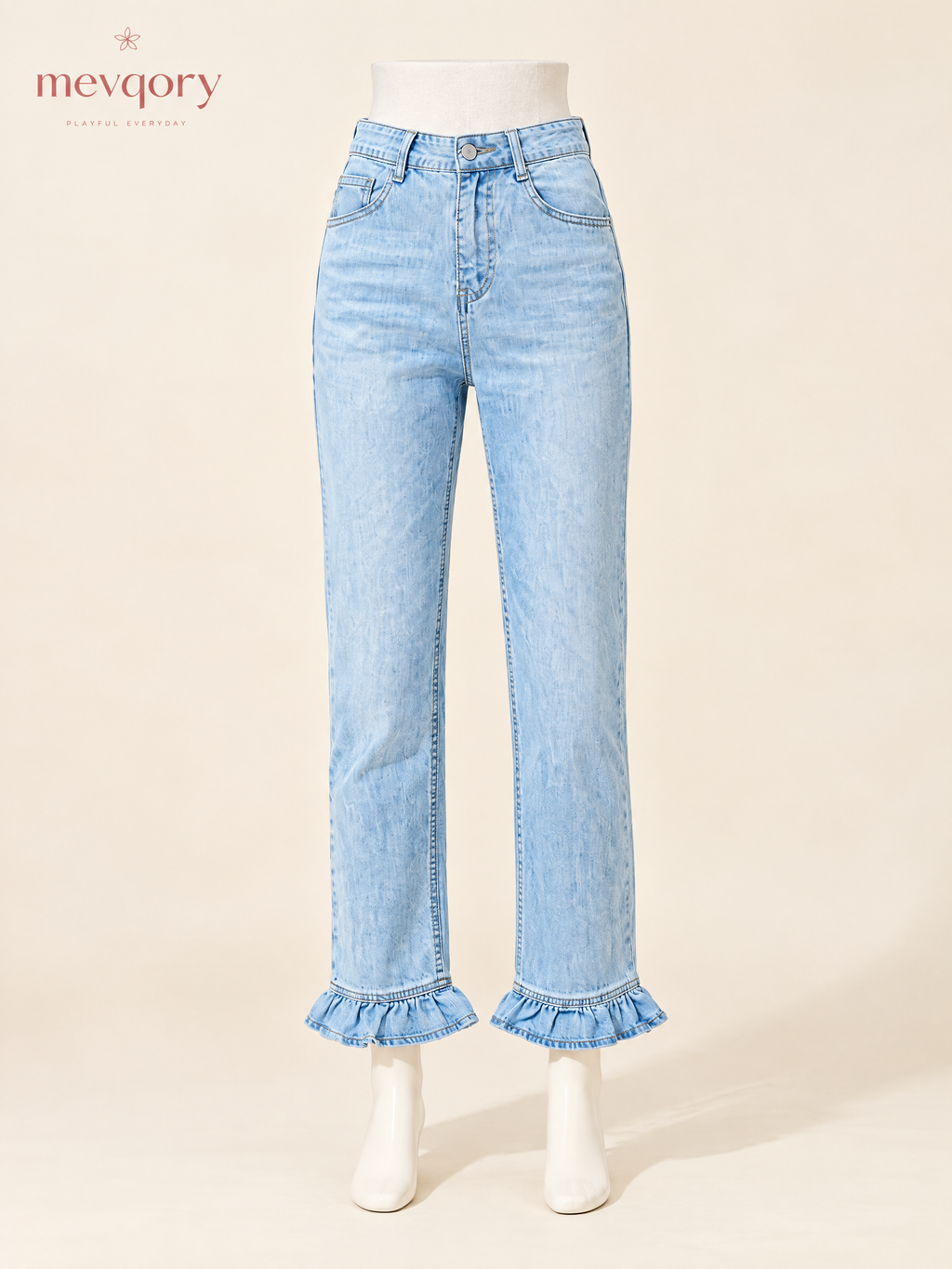Light Wash Ruffle-Hem Straight Denim