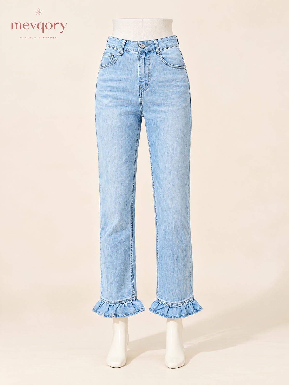 Light Wash Ruffle-Hem Straight Denim