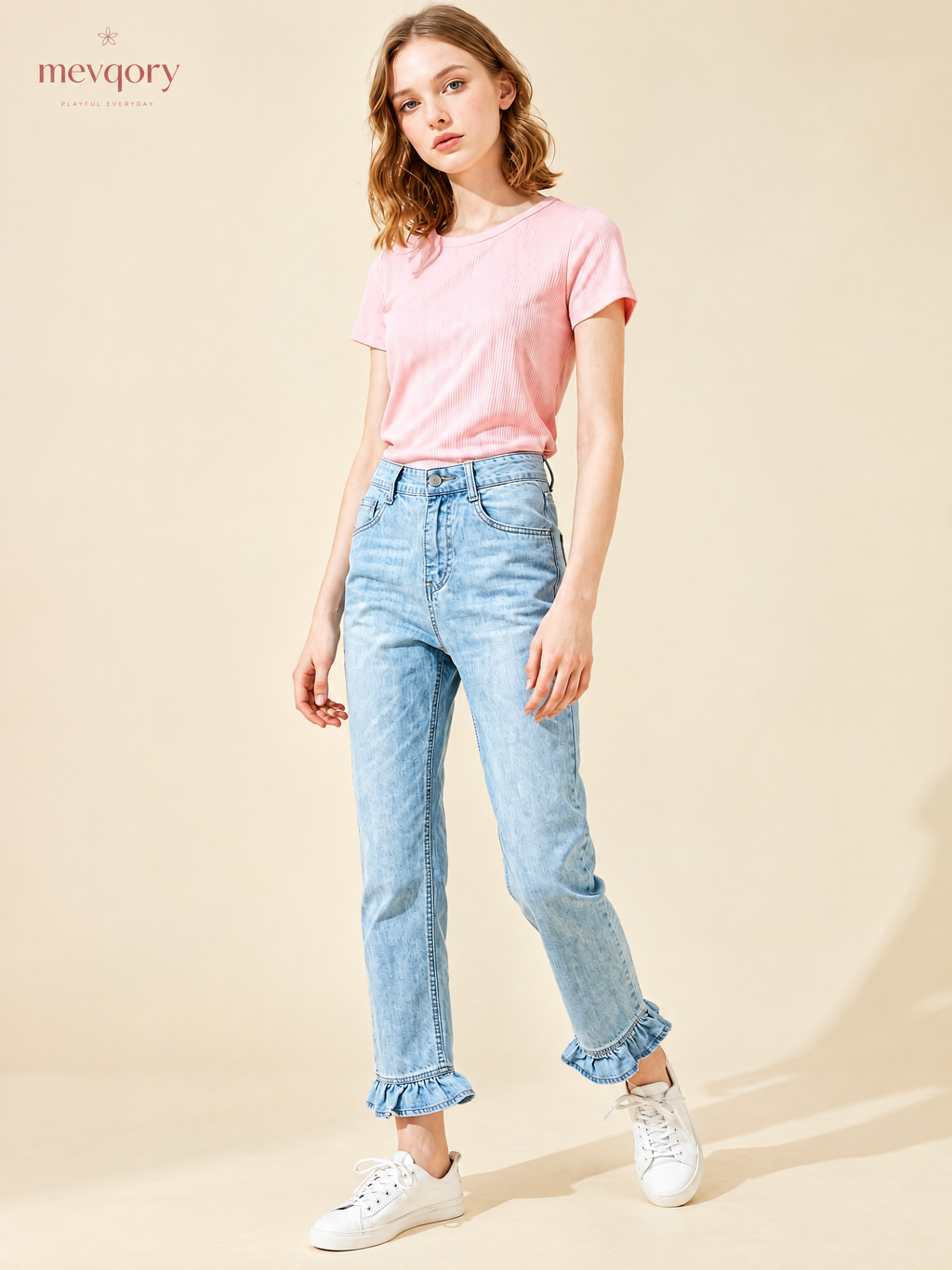Light Wash Ruffle-Hem Straight Denim