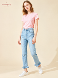 Light Wash Ruffle-Hem Straight Denim