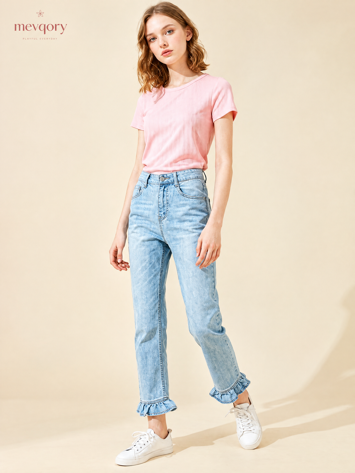 Light Wash Ruffle-Hem Straight Denim